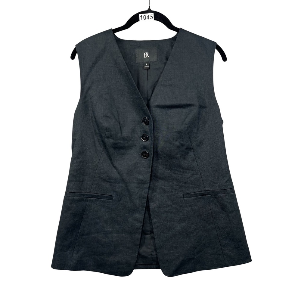 Banana Republic Lina Linen Long‎ Line Vest Womens 4 Black Minimalist Preppy